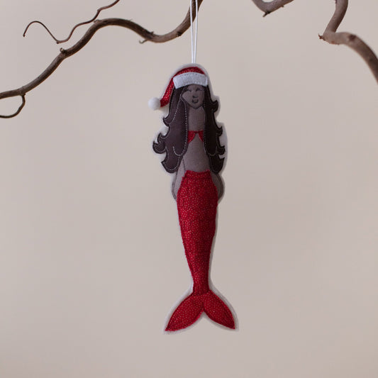A beautiful Handmade Christmas Mermaid to hang. Made in Cornwall- Embroidered 'St Ives' on the back- unique- artisan