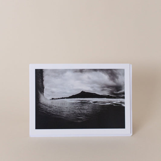 Black & White photograph greetings card by Nick Pumphrey of the island St Ives Cornwall- from the water- surf photography- Created in Cornwall