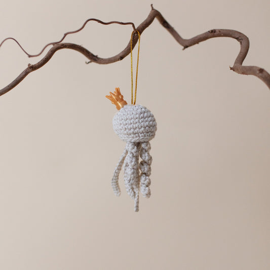 Hand made in Cornwall- crochet'd Jellyfish with a gold crown, ready to hang on your tree. Artisan.