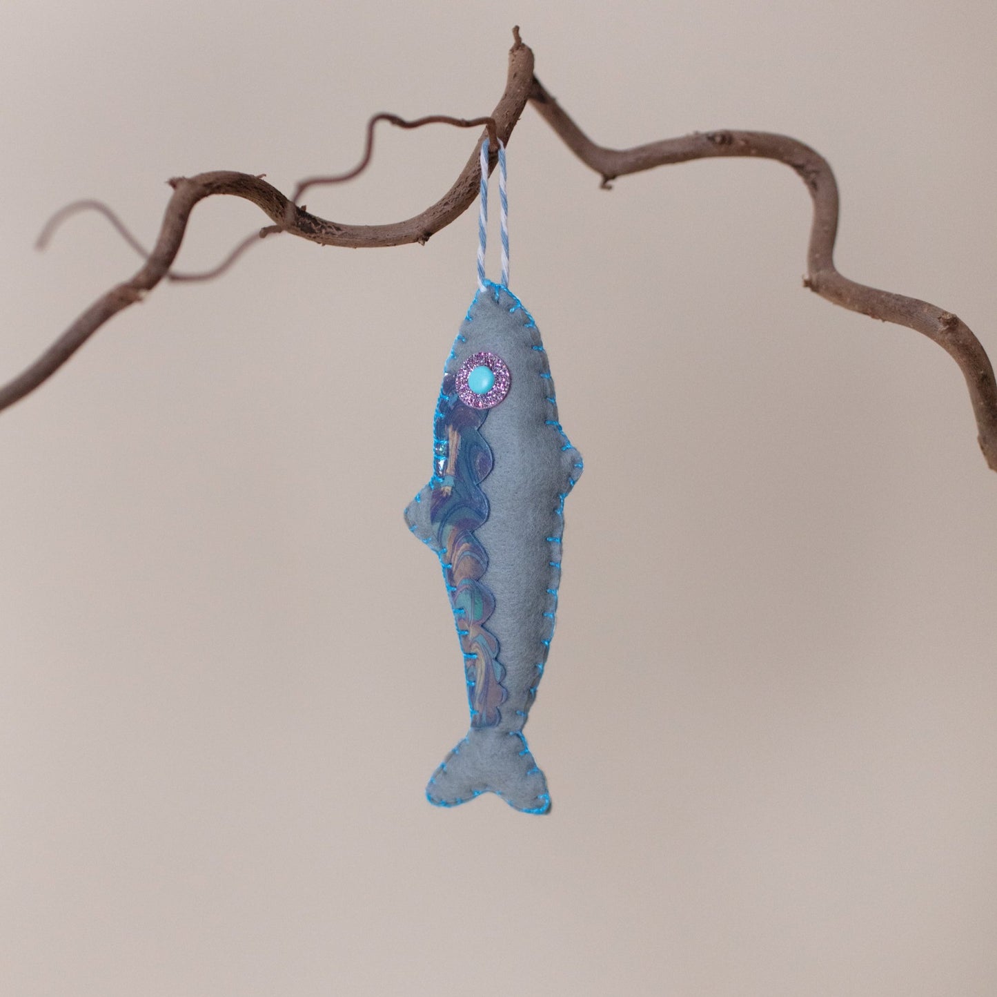 Handmade & hand embroidered mackerel, artisan, made in Cornwall