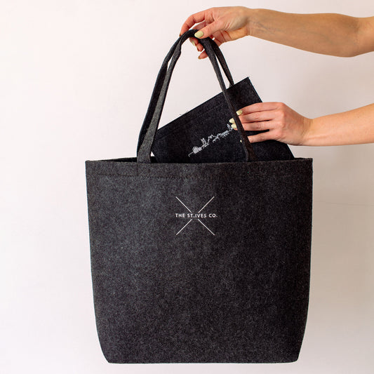 Charcoal coloured Felt Shopping tote bag. St Ives skyline, with removable pouch. Made in Cornwall