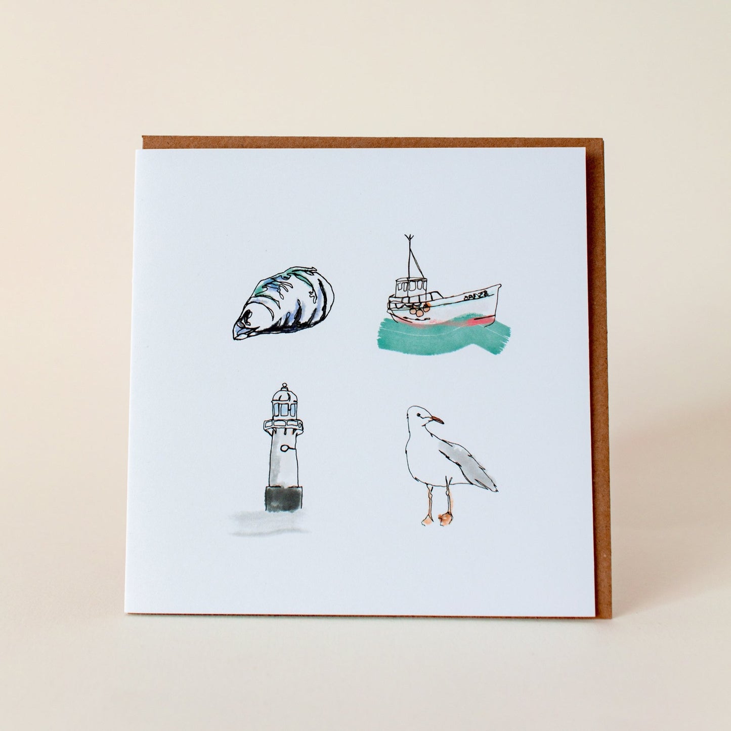 Mussel, Boat, Lighthouse & seagull exclusive greetings card- designed in t Ives exclusively for The St Ives Co. left blank