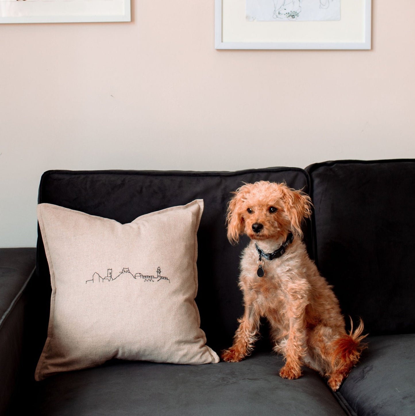 Oatmeal with black embroidery of the St Ives skyline in Cornwall.  Hand embroidered. Made in Cornwall. exclusive