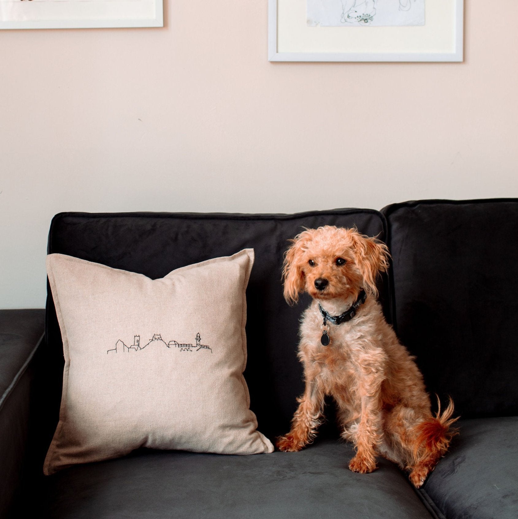 Oatmeal with black embroidery of the St Ives skyline in Cornwall.  Hand embroidered. Made in Cornwall. exclusive