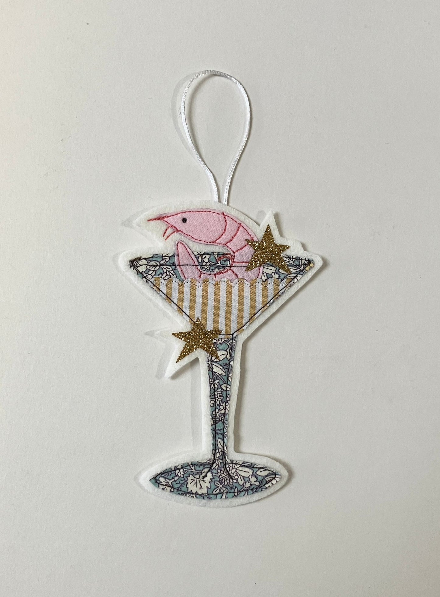 Prawn star Martini hand embroidered hanging decoration.  Made in Cornwall, Artisan.