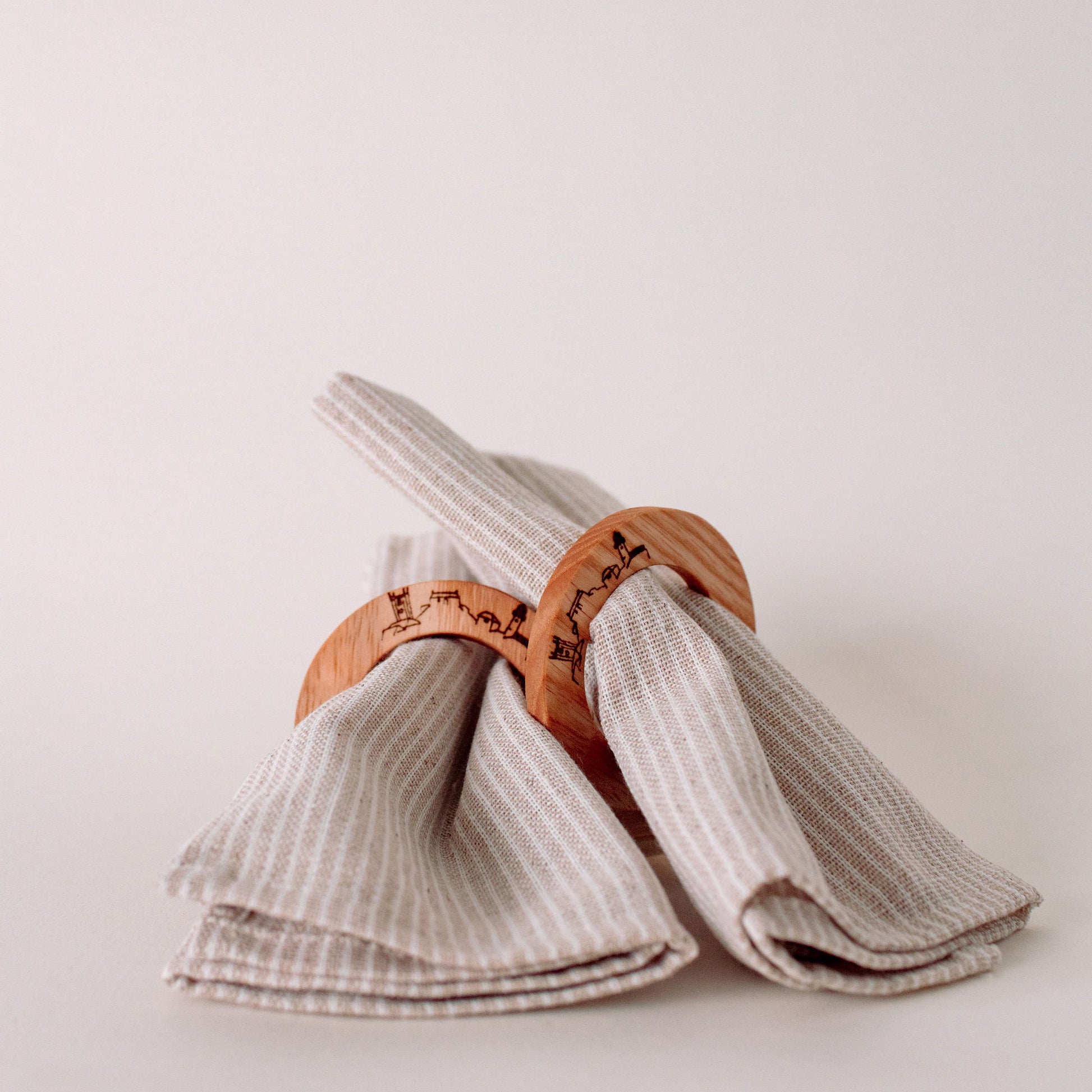 Hand made wooden napkin rings set of 2, made in St Ives Cornwall, Bespoke, artisan, skyline of St Ives.