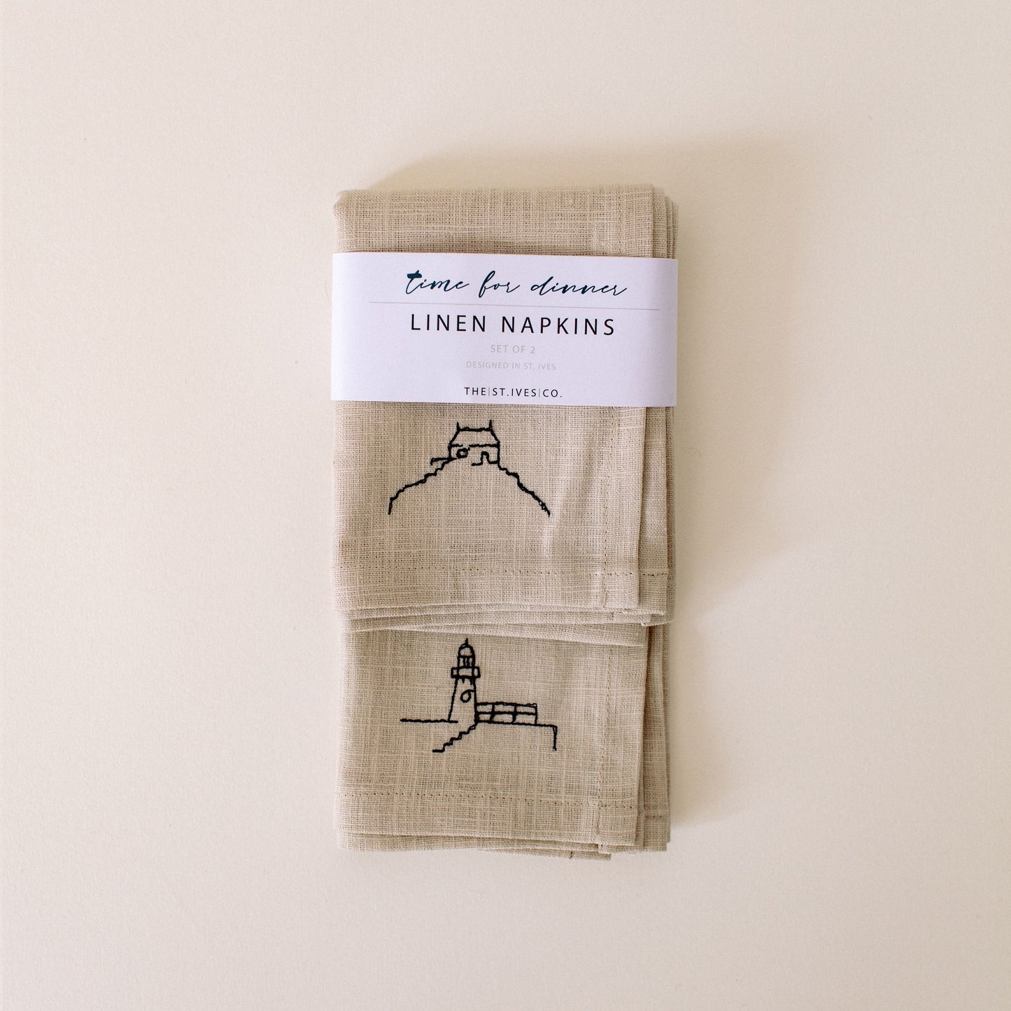 Set of two natural linen Napkins with Hand embroidered 'Chapel' & 'Lighthouse' from the skyline range. designed in St Ives exclusively for The St Ives Co, Artisan. Luxury Gift