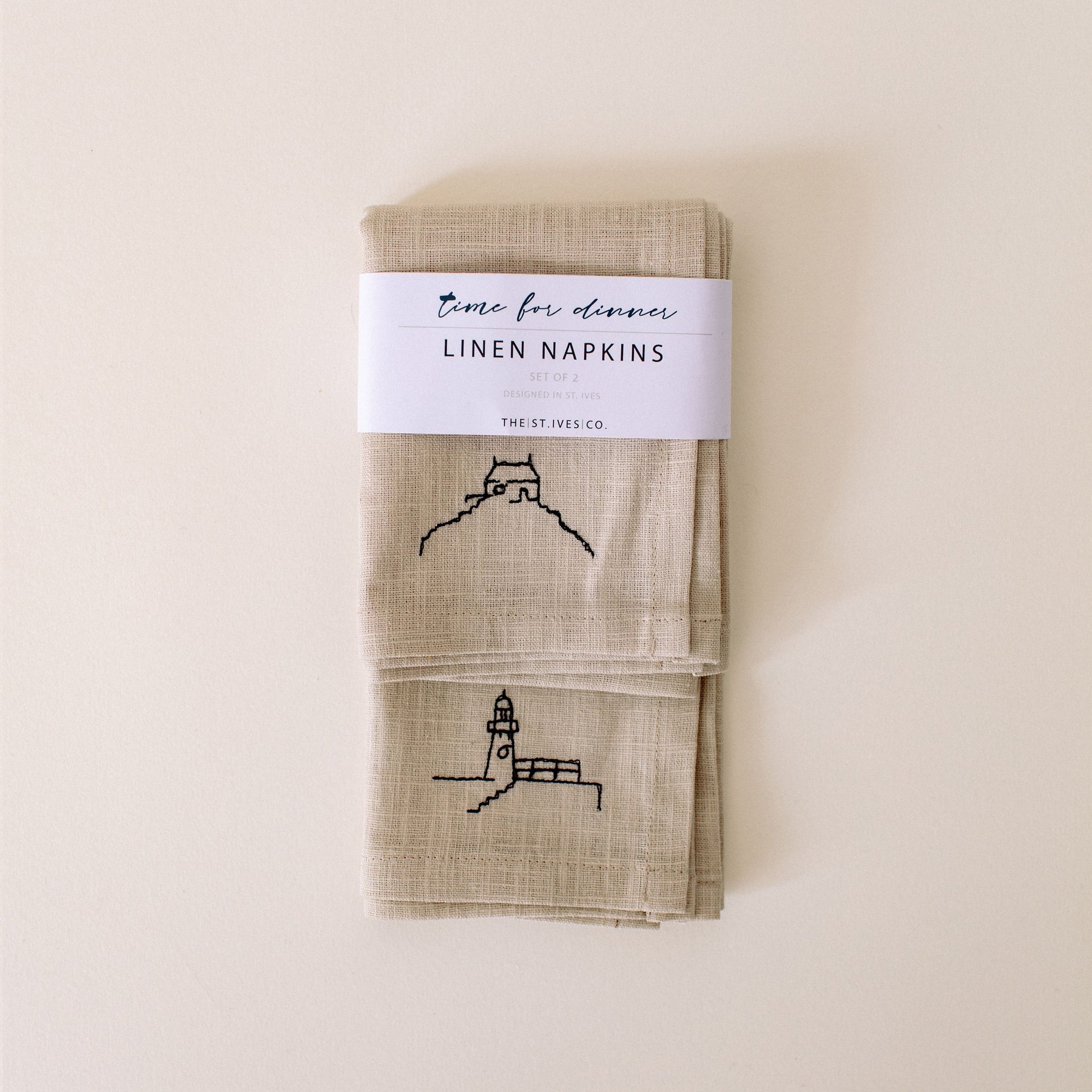Set of two natural linen Napkins with Hand embroidered 'Chapel' & 'Lighthouse' from the skyline range. designed in St Ives exclusively for The St Ives Co, Artisan. Luxury Gift
