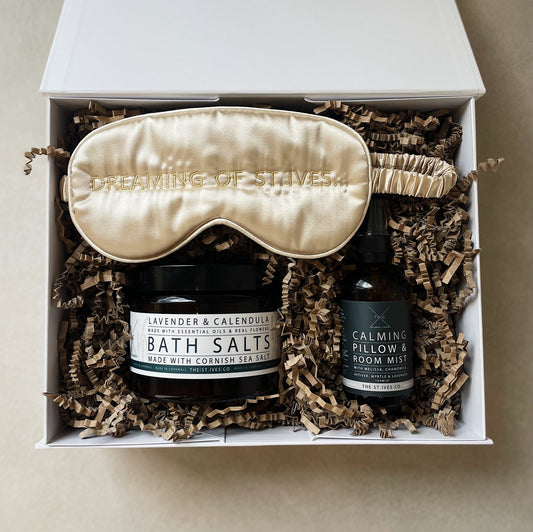 Bespoke Hamper box filled with bath salts, pillow spray and 100% silk eye mask. perfect to ease in to a restful sleep. Artisan, Cornish made,