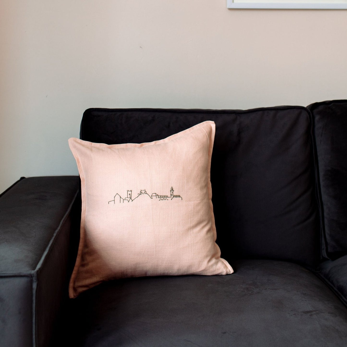 Dusty pink skyline cushion