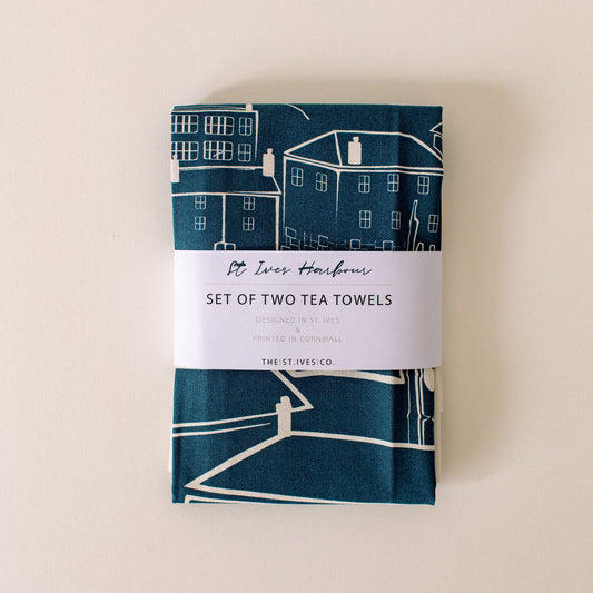 Teal St. Ives & Mackerel Printed Tea towels - The St. Ives Co.