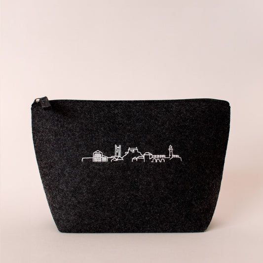 A gorgeous embroidered skyline wash/make up bag. Made in Cornwall