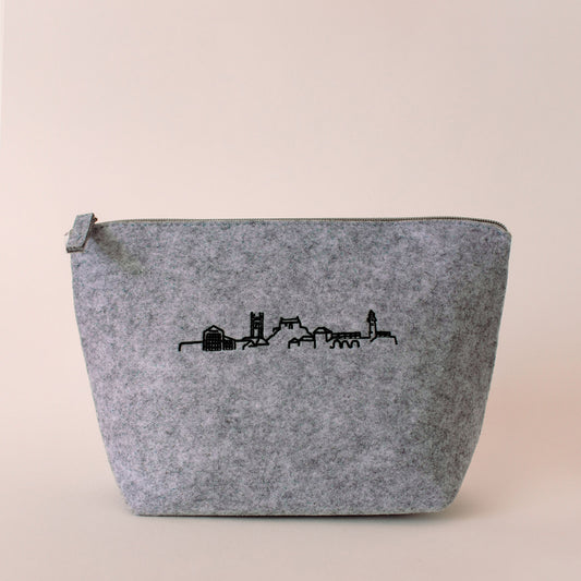 Light greay felt skyline wash/makeup bag. Made in Cornwall. St Ives Skyline