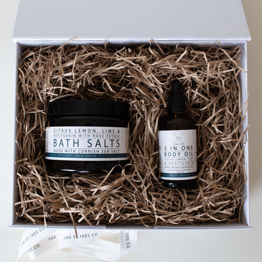Citrus Lemon, Lime & Petitgrain Bath Salts with a Body Oil Hamper
