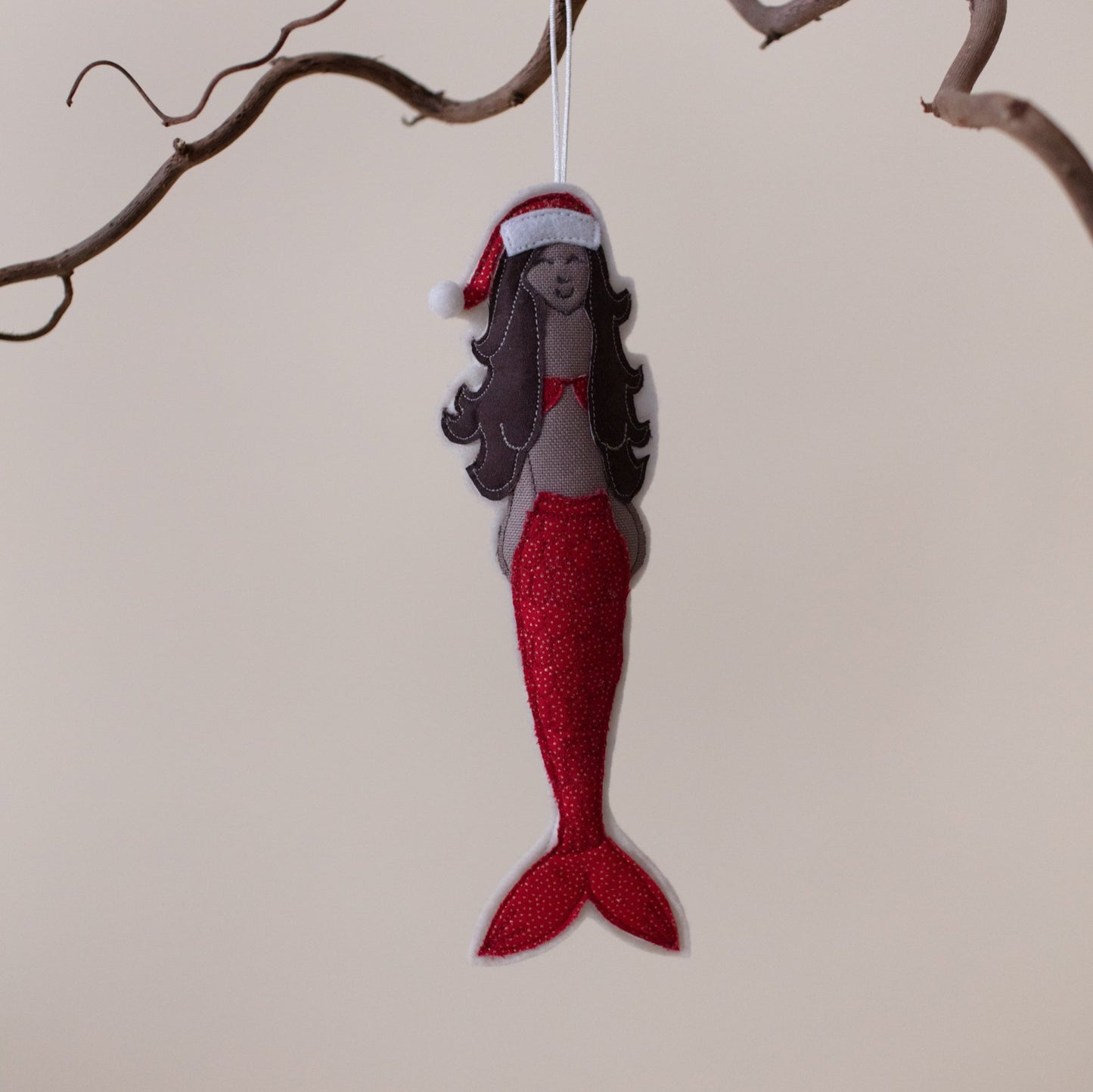 A beautiful Handmade Christmas Mermaid to hang. Made in Cornwall- Embroidered 'St Ives' on the back- unique- artisan 
