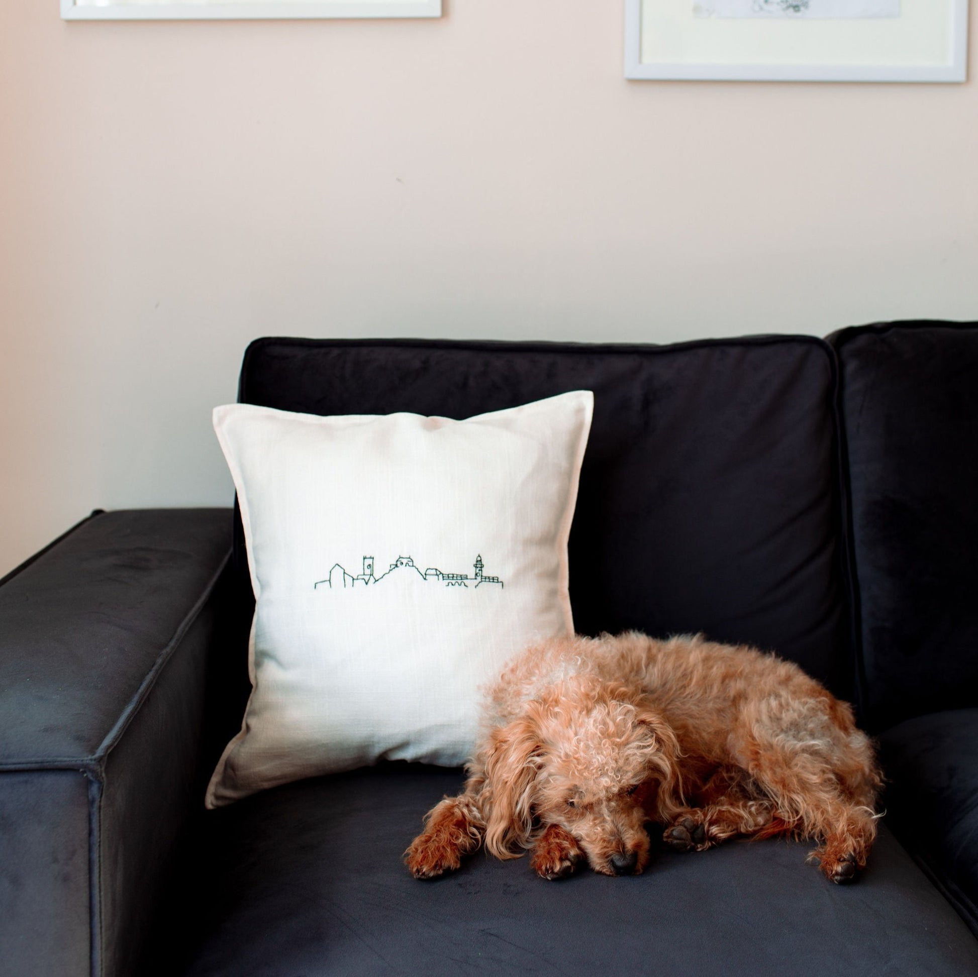Classic cream linen skyline cushion. hand embroidered in Cornwall for The St Ives co. gift. locally made. exclusive. Designed in St Ives 