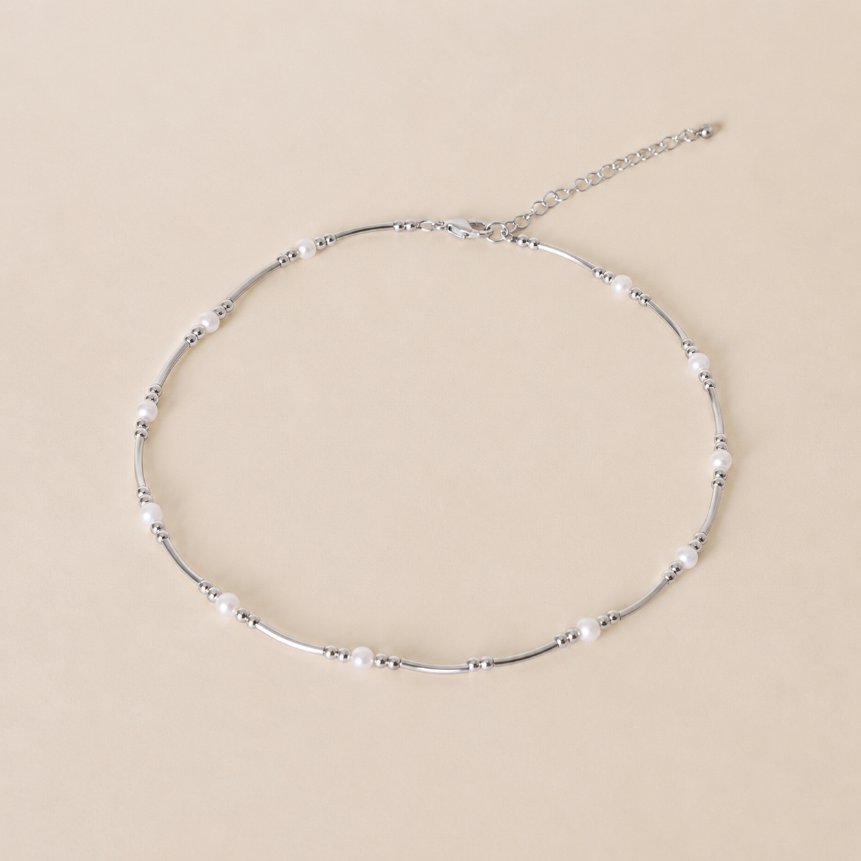 Silver Tube Necklace with Pearl