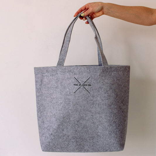 Light grey felt tote shopping bag. Sophisticated, St Ives Skyline. Made in Cornwall. Unique.