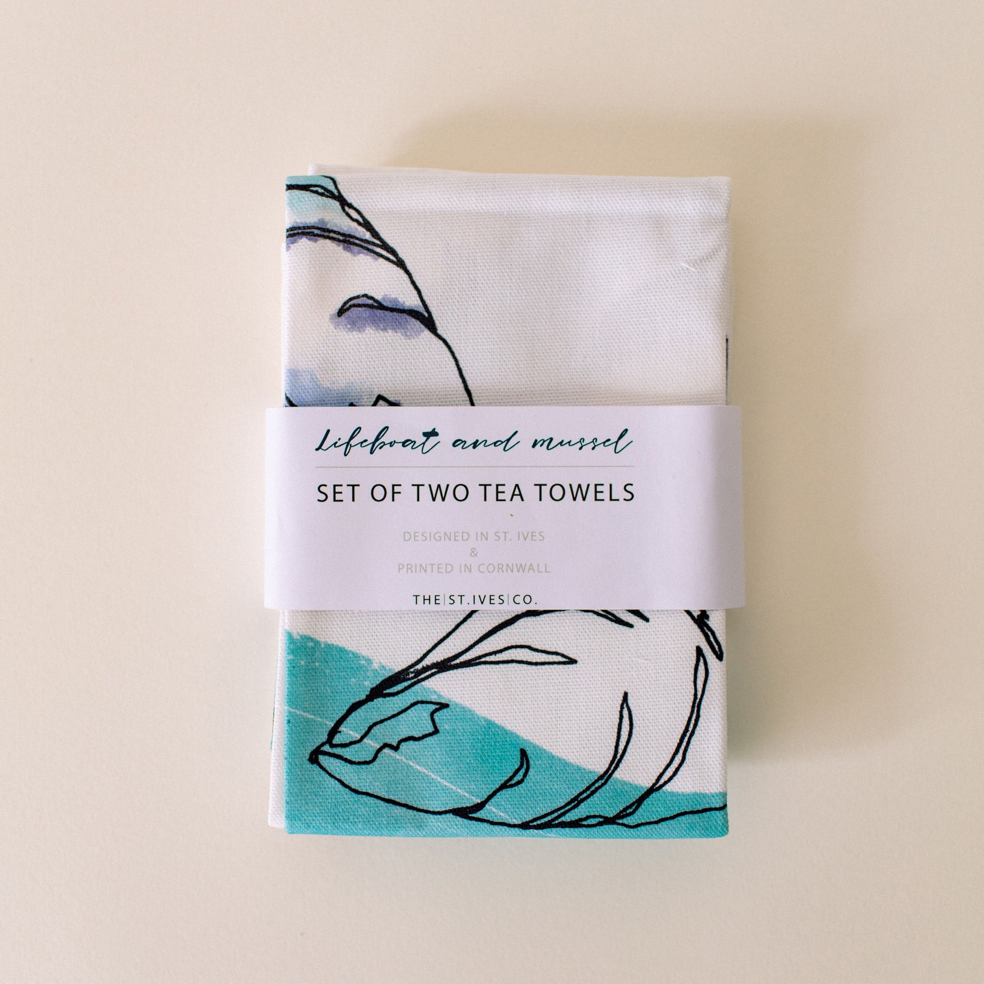 Lifeboat & Mussel set of two Tea towels. designed in St Ives by The St Ives Co. Artisan, exclusive product 