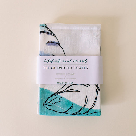 Lifeboat & Mussel set of two Tea towels. designed in St Ives by The St Ives Co. Artisan, exclusive product 