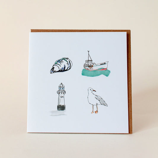 Mussel, Boat, Lighthouse & seagull exclusive greetings card- designed in t Ives exclusively for The St Ives Co. left blank