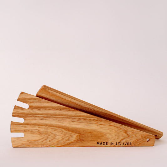 Hand made in St Ives Cornwall, set of 2 salad servers, made from sustainable woo, engraved with 'Made in St Ives' Artisan. Made in Cornwall