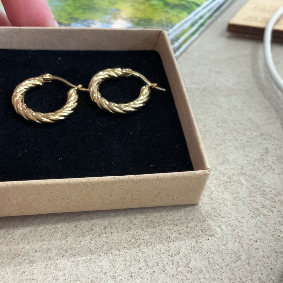 Waterproof gold twisted hoop earrings. Cornwall. Minimalist jewellery