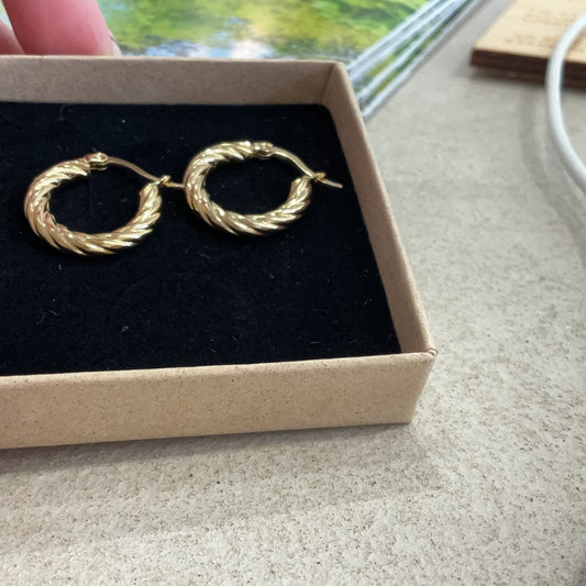 Waterproof gold twisted hoop earrings. Cornwall. Minimalist jewellery