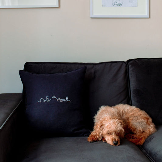 St Ives Cornwall Skyline hand embroidered cushion with duck feather innards included. Dark Navy blue with white embroidery. Made in Cornwall. Exclusive.