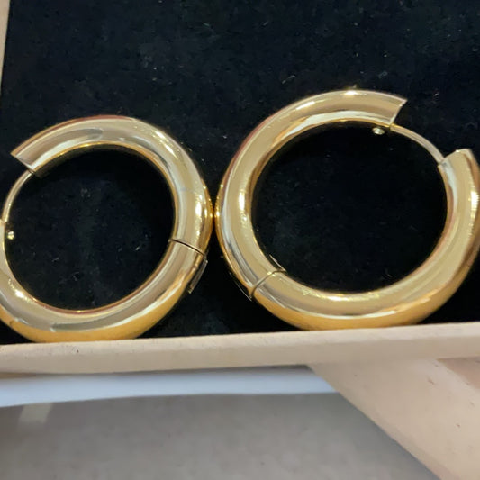 Waterproof gold plated stainless steel smooth Large hoop Earrings. Cornwall, Minimalist jewellery. 