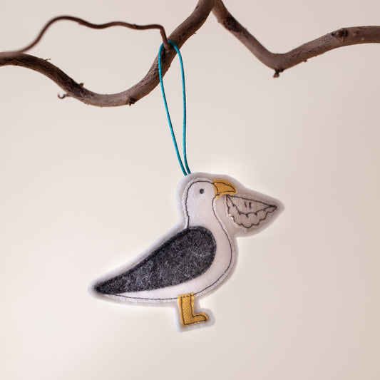 Seagull with pasty hanging