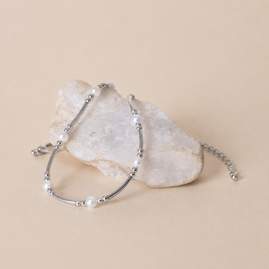 Silver Tube Necklace with Pearl