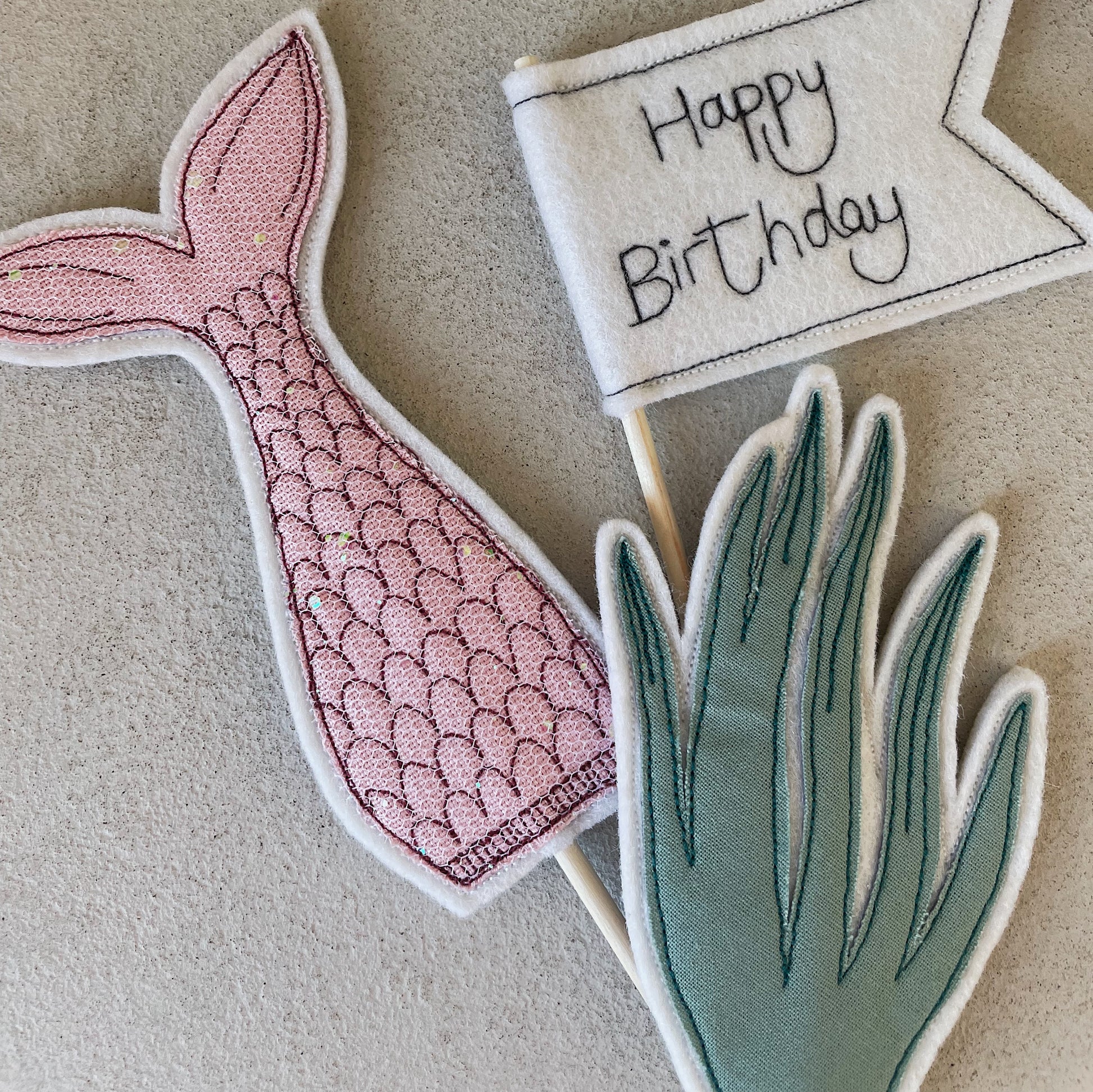 Beautiful hand embroidered Mermaid Happy Birthday cake toppers. Made in Cornwall, exclusive. gift 