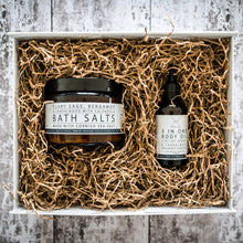 Load image into Gallery viewer, Clary Sage Bath Salts &amp; 3 in 1 Body Oil Hamper Gift Present Relax Refresh Calm Peaceful Quality Pure Handmade For Him For Her
