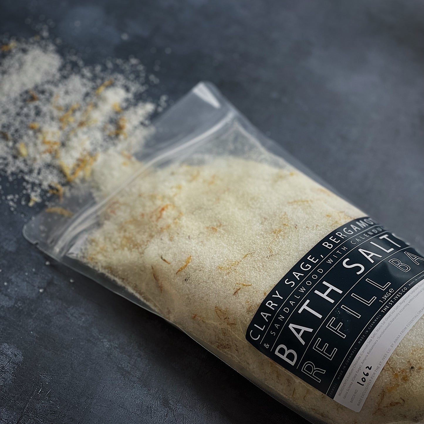 Clary sage,  Bergamot & sandalwood with Calendula Refill Bath salts. Artisan gift- Made in Cornwall, Small Batch production- Gift.