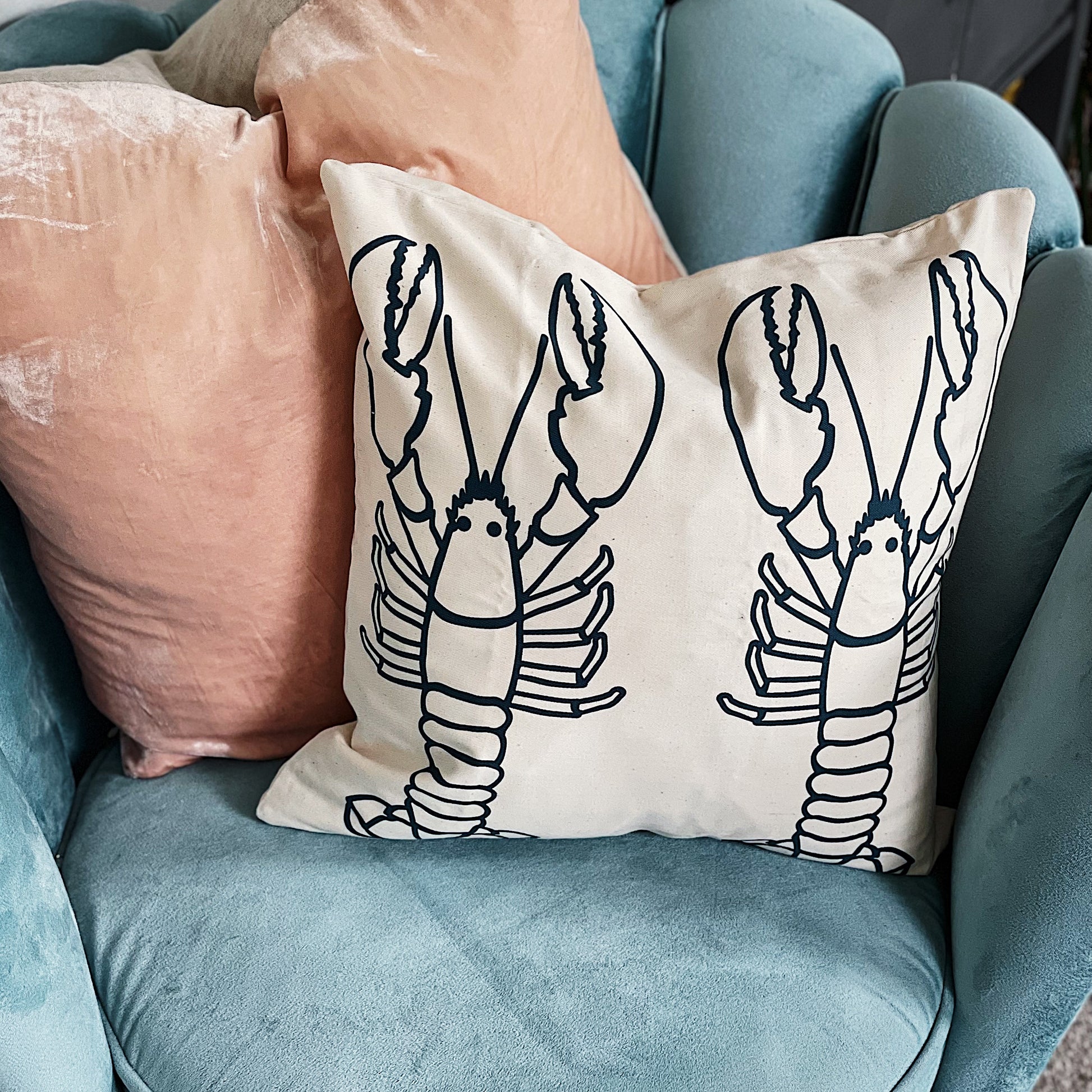 Lobster pair Cushion cover in dark teal-designed in St Ives-Cornwall- Perfect wedding or couples gift- souvenir 