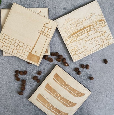 Original TSIC St. Ives View engraved wooden Coasters // Pack of 2 - The St. Ives Co. Cornwall Cornish Souvenir Holiday beach Gift Unique Souvenir One Of A Kind View Beautiful Seaside