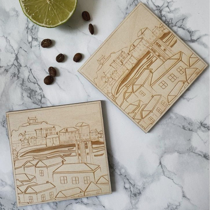 Original TSIC St. Ives View engraved wooden Coasters // Pack of 2 - The St. Ives Co. Cornwall Cornish Souvenir Holiday beach Gift Unique Souvenir One Of A Kind View Beautiful Seaside