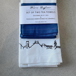Stripe & Embroidered Skyline Teatowel Set