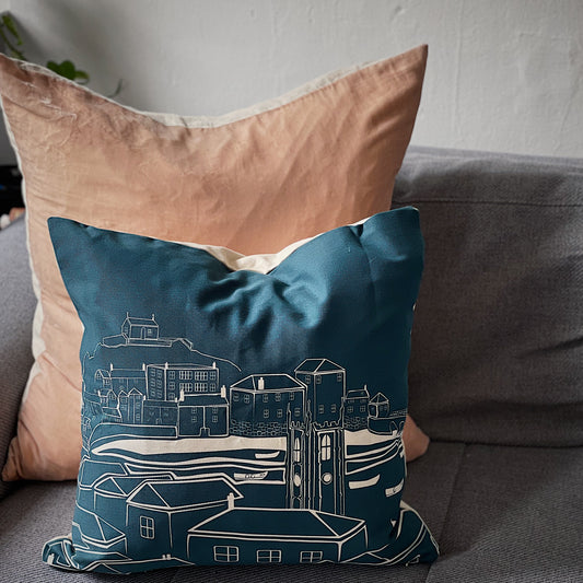 St Ives View Cushion cover in dark teal-exclusive. designed in St Ives- Gift-souvenir- Cornwall