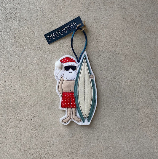 The St Ives Co Surfing Santa hanging decoration- Hand embroidered. exclusive-made in Cornwall, artisan 